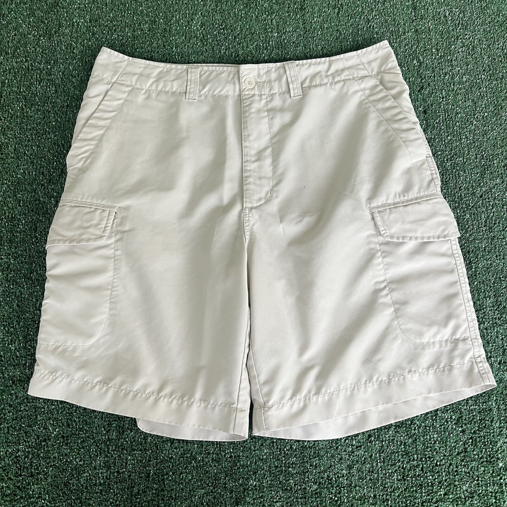 Vintage Y2K Men's Quicksilver Light Khaki Cargo Polyester Board Shorts 34x9.5"